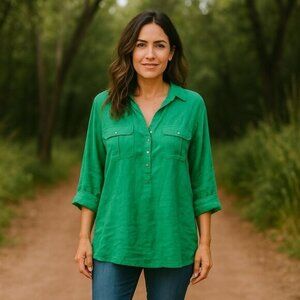 C&A CANDA Women L Teal Linen V Neck Collared Button Roll Tab Sleeve Y2K Blouse